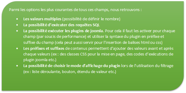 Parmi les options les plus courantes de tous ces champs, nous retrouvons : •	Les valeurs multiples (possibilité de définir le nombre) •	La possibilité d’exécuter des requêtes SQL •	La possibilité exécuter les plugins de joomla. Pour cela il faut les activer pour chaque champ (par soucis de performance) et utiliser la syntaxe du plugin en préfixe et suffixe du champ (cela peut aussi servir pour l’insertion de balises html ou css) •	Les préfixes et suffixes de contenus permettent d’ajouter des valeurs avant et après chaque valeurs (ex : des classes CSS pour la mise en page, des codes d’exécutions de plugin joomla etc.) •	La possibilité de choisir le mode d’affichage du plugin lors de l’utilisation du filtrage (ex : liste déroulante, bouton, étendu de valeur etc.) 